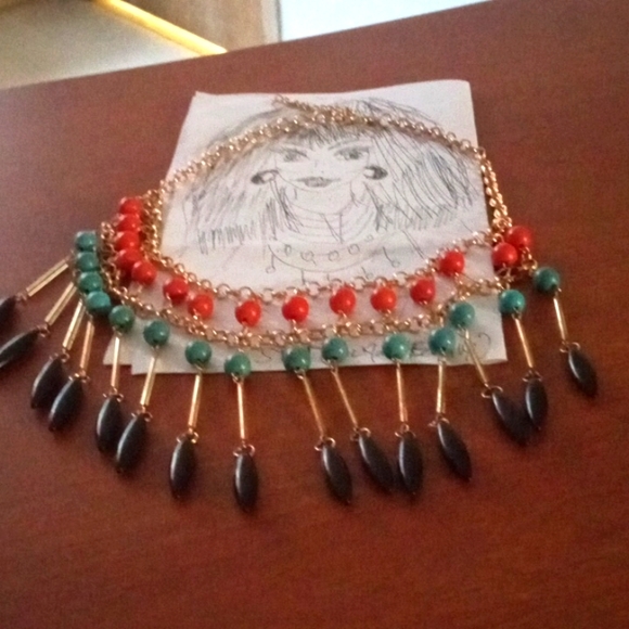 Handmade.Gold/and I black/Blue/Orange Stone Layered Necklace/Dangle Earrings Set - Picture 7 of 10